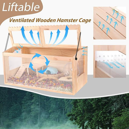 Wooden Hamster Cages and Habitats, 40" Guinea Pig Cage, Small Animal Cage for Dwarf Syrian Hamsters Degus Mice & Other Small Pets. Big Hamster Habitat with 2 Openable Door 40"x20"x20"