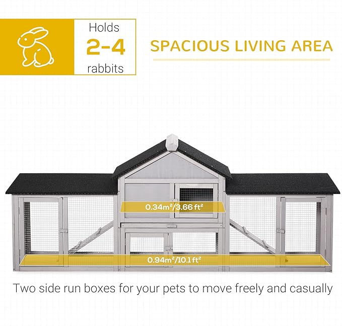 PawHut 83" L Outdoor Rabbit Hutch with Double Runs, Large Guinea Pig Cage Indoor, Wooden Bunny Hutch with Weatherproof Roof, Removable Tray, Ramps, Gray