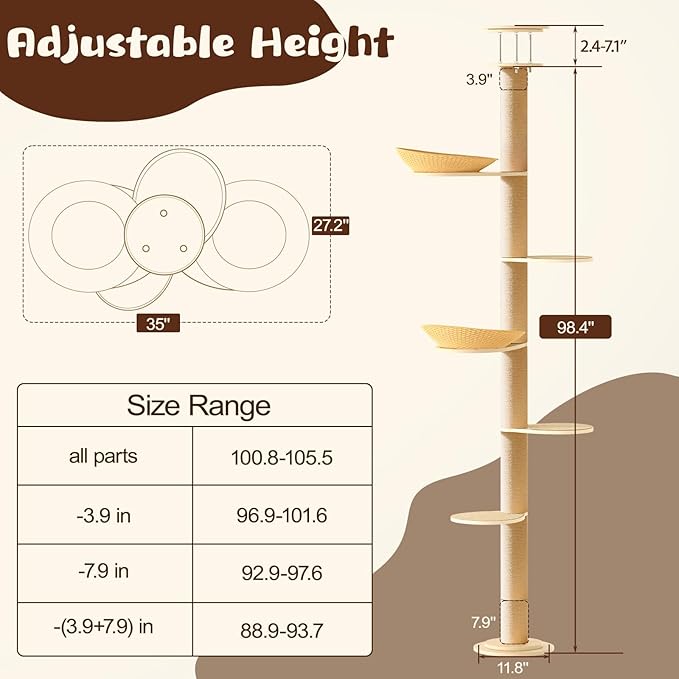 Tinnmao Solid Wood Floor to Ceiling Cat Tree, 6 Level Adjustable Height (7.4-8.8 ft) Tall, Modern Climbing Tower for Indoor Cats Large Adult with Thickened Wooden Sisal Scratching Posts & Cozy Bed