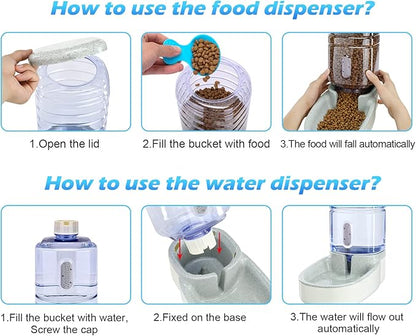 Automatic Dog Cat Feeder and Water Dispenser Gravity Food Feeder and Waterer Set with Pet Food Bowl for Small Medium Dog Puppy Kitten, Large Capacity 1 Gallon x 2(Grey)