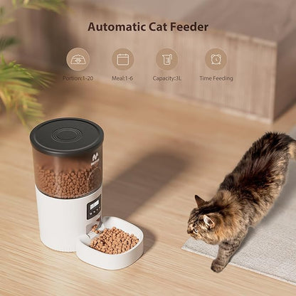 Automatic Cat Feeder and Water Fountain, Timed Pet Dry Food Dispenser, Programmable Portion Control, 1-6 Meals Per Day, Cat Fountains for Drinking with Filter, Small Pets (3L Combo)