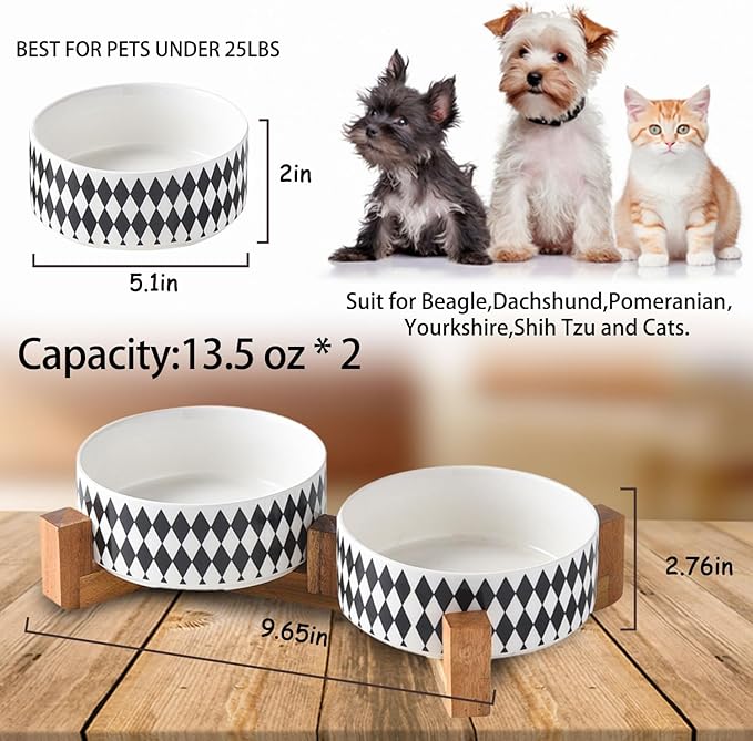 Petygooing Ceramic Dog Cat Bowl Set with Stand,Pet Food and Water Bowl,Small Dog Bowls Anti -Slip Set of 2 Cat Dishes Food Bowls Dish Small Size Pet (13.5OZ/5.1 in) Black Rhombus