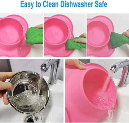 AsFrost Dog Food Bowls Stainless Steel Pet Bowls & Dog Water Bowls & Cat Bowls for Food and Water No-Spill Non-Skid Silicone Mat, Feeding Bowls with Dog Bowl Mat for Dogs Cat Dood Dish, Pink, 12oz