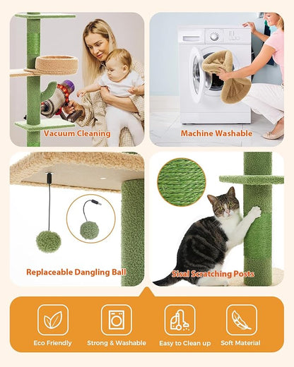 PETEPELA Floor to Ceiling Cat Tree, Cactus Cat Tower, Tall Cat Climbing Tree[87"-100"] Height Adjustable, 5 Levels with Top Perch and Replaceable Hammock for Indoor Cats, Cactus Green
