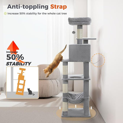 PEQULTI 56.3'' Cat Tree for Indoor Cats, Multi-Level Cat Tower with 2 Top Perch. Cat Condo, Hammock and Sisal-Covered Scratching Post, Grey