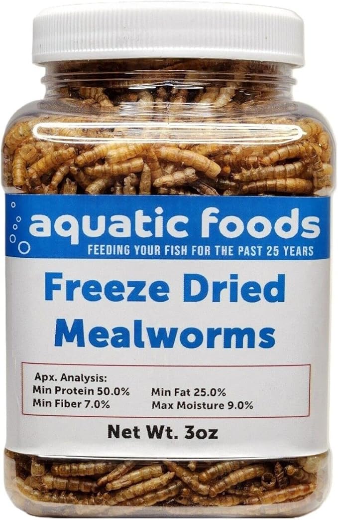 Aquatic Foods Inc. Mealworms- Freeze Dried Mealworms for Tropical Fish, Pond Fish, Reptiles, Turtles, Tortoises, Frogs, Hamsters, Birds, Rodents…3oz Small Jar