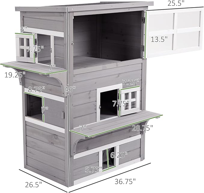 PawHut 3-Story Cat House Feral Cat Shelter, Outdoor Kitten Condo with Raised Floor, Asphalt Roof, Escape Doors, Jumping Platforms, Gray