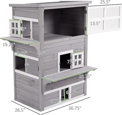 PawHut 3-Story Cat House Feral Cat Shelter, Outdoor Kitten Condo with Raised Floor, Asphalt Roof, Escape Doors, Jumping Platforms, Gray