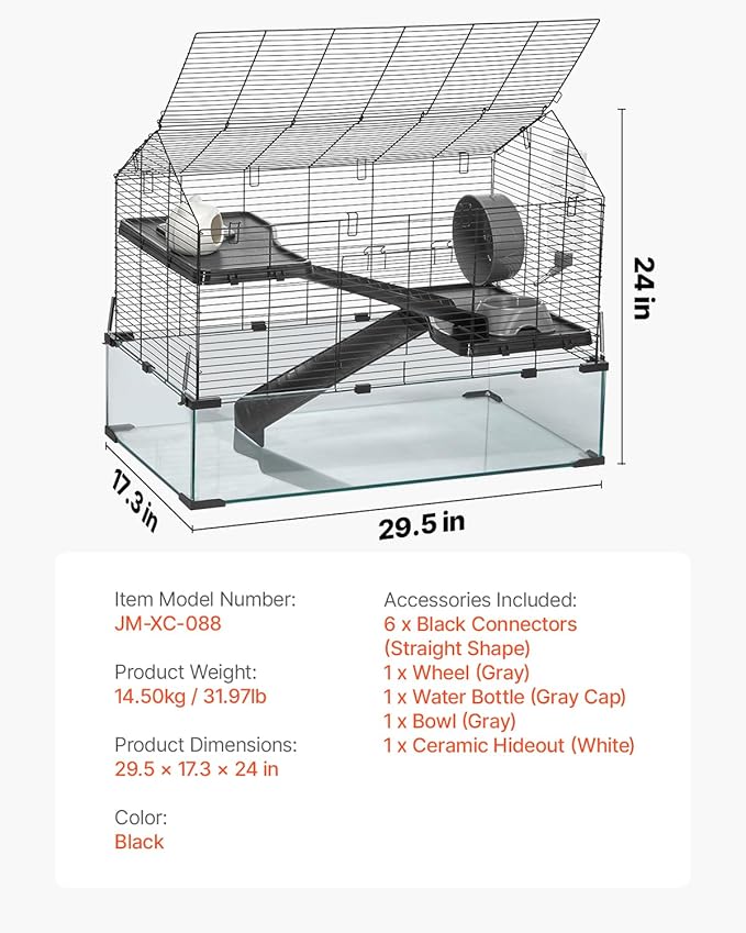VEVOR Hamster Cage, 360° Viewing Transparent Hamster Habitats, Small Animal Cage, 29.5 x 17.3 x 24 in, Ventilated Pet Mouse Cages with Water Bottle, Portable Hamster House for Rats, Guinea Pigs