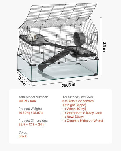 VEVOR Hamster Cage, 360° Viewing Transparent Hamster Habitats, Small Animal Cage, 29.5 x 17.3 x 24 in, Ventilated Pet Mouse Cages with Water Bottle, Portable Hamster House for Rats, Guinea Pigs