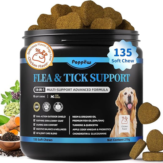Dog Flea and Tick Support Chewable, Natural Dog Flea Comfort Supplement, Oral Chews with Neem, Oregano Oil, Pumpkin Seed Oil & Brewer's Yeast – 135 Soft Chews, Chicken Flavor – for All Breeds & Sizes