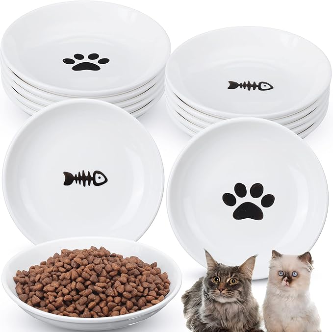 Irenare 10 Pcs Ceramic Cat Bowl 6 Inch Anti Whisker Fatigue Cat Plates Set Cute Shallow Pet Food Bowl Dishes for Food and Water, Kittens Small Animals(Simple Pattern)