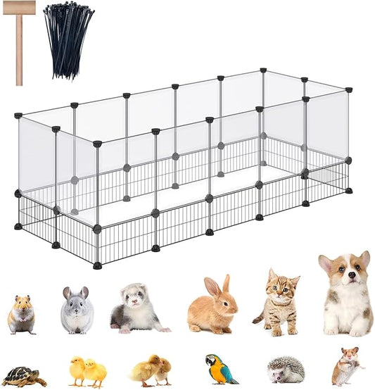 DINMO Rabbit Playpen, Guinea Pig Cages, Hamster Cages, Iron Net Bottom Design for Small Animal, Bunny, Ferret, Hedgehog, DIY, Expanded, Portable, Exercise Fence, 61.4 x 25.4 x 22.3 Inches