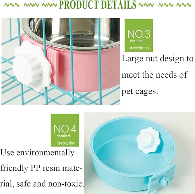 kathson Crate Dog Bowl, Removable Stainless Steel Hanging Pet Kennel Cage Bowl Food & Water Feeder Coop Cup for Puppy, Cat, Rabbit, Guinea Pigs Ferret Bird (2 PCS, Size: M, Blue and Green)
