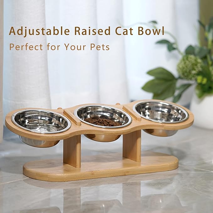 Elevated Cat Bowls Raised Cat Food Bowls, 15° Tilted Pet Bowls for Cats Puppy Small Dogs, Raised Dog Bowl Stand Feeder Adjustable Dog Cat Food Water Bowls Stand with 3 Stainless Steel Bowls