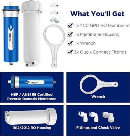 Membrane Solutions 400 GPD RO Membrane with Housing Set, Reverse Osmosis Membrane and 1812/2012 Housing for Maple Syrup DIY and Aquarium Water Systems (4 Pack)