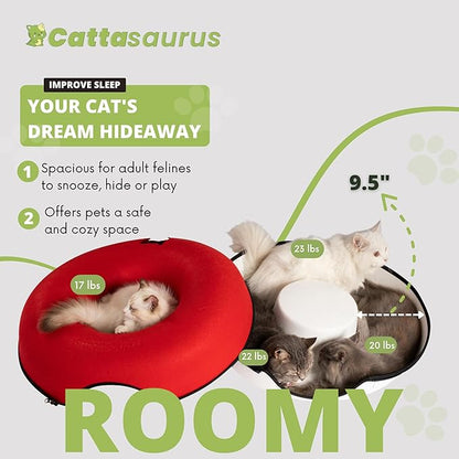 Cattasaurus Peekaboo Cat Cave, Extra Spacious for Multiple & Large Cats 12+ lbs, Scratch Detachable Cat Beds for Indoor Cats, Washable Tunnel Bed, Comfy Donut Tunnel (Ruby Snowball, Jumbo)