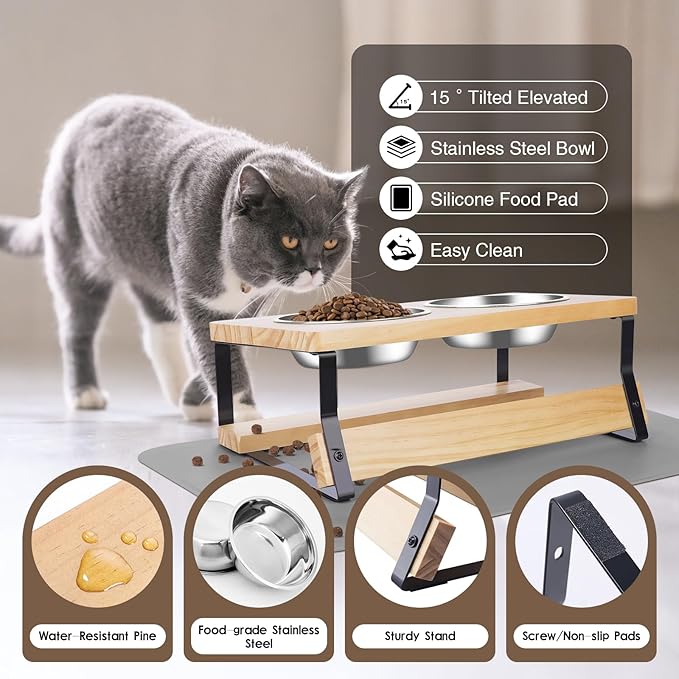 Elevated Cat Bowls with Food Mat, 15° Tilted Anti Vomiting Raised Cat Feeder for Indoor Cats and Puppy, 2 Stainless Steel Bowls for Food and Water