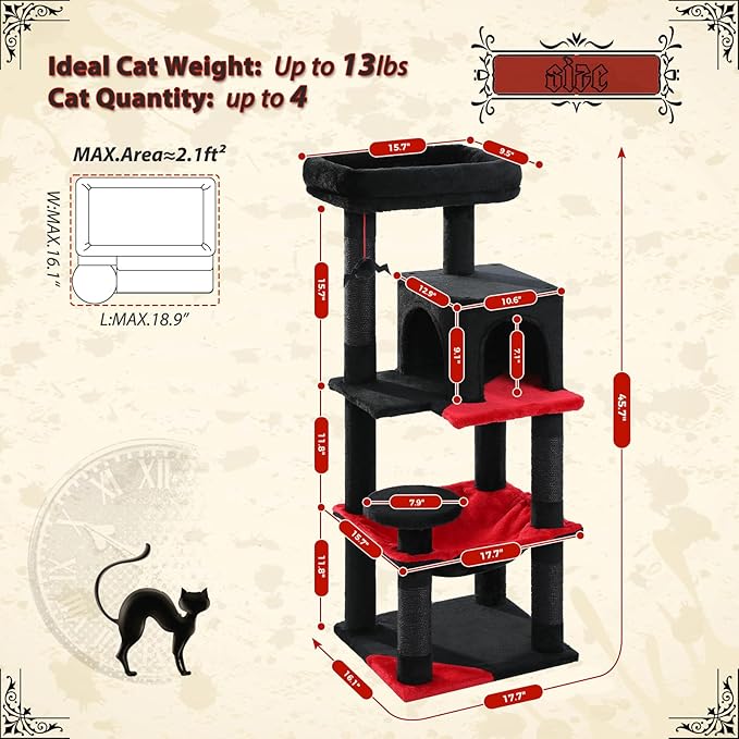 PEQULTI 45.7'' Gothic Cat Tree for Indoor Cats with Metal Frame Big Hammock, Cat Tower for Small or Medium Cats with Cat Condo House, with Scratching Posts and Top Perch, Black