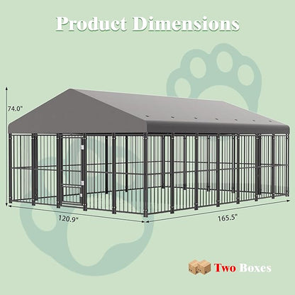 10X14FT Large Dog Kennel Outside with Feeding Door, Heavy Duty Dog Cage with Roof and Double Safety Locks, Outdoor Dog Enclosure for Pets