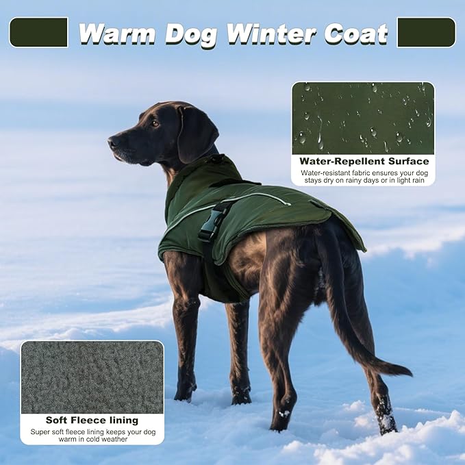 DENTRUN Medium Dog Winter Jacket - Warm Reflective Windproof Coat, Adjustable Neck & Snap Closure, Water Repellent Thick Fleece Vest, Fleece Lined for Beagle Pug, Army Green, M
