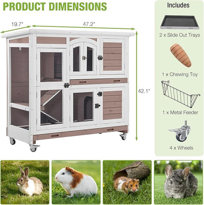 GUTINNEEN Large Rabbit Hutch Wooden Bunny Cage Indoor with Chew-Proof Ramp, 2-Story Guinea Pig Cages with Casters, Pull-Out Trays for Rabbits, Guinea Pigs, 47.2" L x 19.7" W x 42.1" H