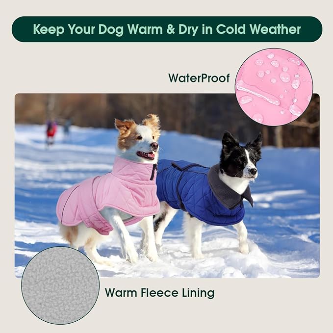 Kuoser Dog Coat, Extra Warm Dog Jacket Windproof Dogs Cold Weather Coats for Large Dogs, Fleece Lining Turtleneck Puppy Snowsuit Reflective Adjustable Pet Winter Clothes Christmas, Pink 2XL