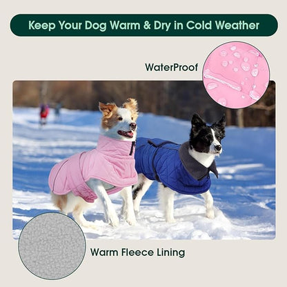Kuoser Dog Coat, Extra Warm Dog Jacket Windproof Dogs Cold Weather Coats for Large Dogs, Fleece Lining Turtleneck Puppy Snowsuit Reflective Adjustable Pet Winter Clothes Christmas, Pink 2XL
