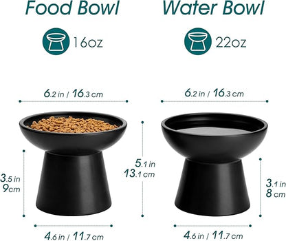 vancasso Ceramic Elevated Cat Bowls 2-Pack - 6.2" Extra Wide Raised Cat Food & Water Dishes, 5.1" Optimal Height Anti-Whisker Fatigue Shallow Bowls for Cats/Kittens/Dogs, Lead & Cadmium Free (Black)