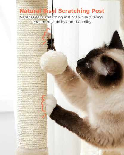 32" Cat Tree Tower for Indoor Cats - 2 Cozy Condos, Multi-Level Cat Scratching Posts with Sisal, Soft Padded Perch, 2 Dangling Toys, Beige