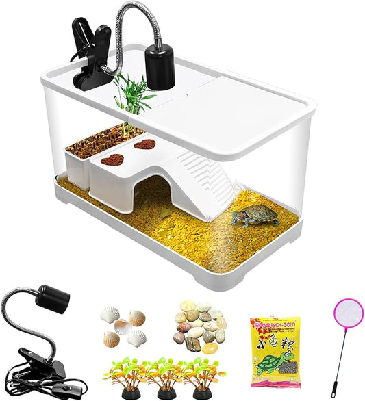 Turtle Tank, Turtle Aquarium with Basking Platform and Bottom Drainage, for Turtles, Crayfish, Crabs, Amphibians, Reptiles