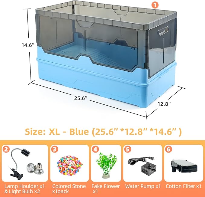 Turtle Habitat Tank Kit– Fresh Filtration, Waterplay Fun, Diverse Living, Heat Lamp, Water Pump and Convenient Water Changes in Turtle cage Tanks (Blue, XL)