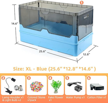 Turtle Habitat Tank Kit– Fresh Filtration, Waterplay Fun, Diverse Living, Heat Lamp, Water Pump and Convenient Water Changes in Turtle cage Tanks (Blue, XL)