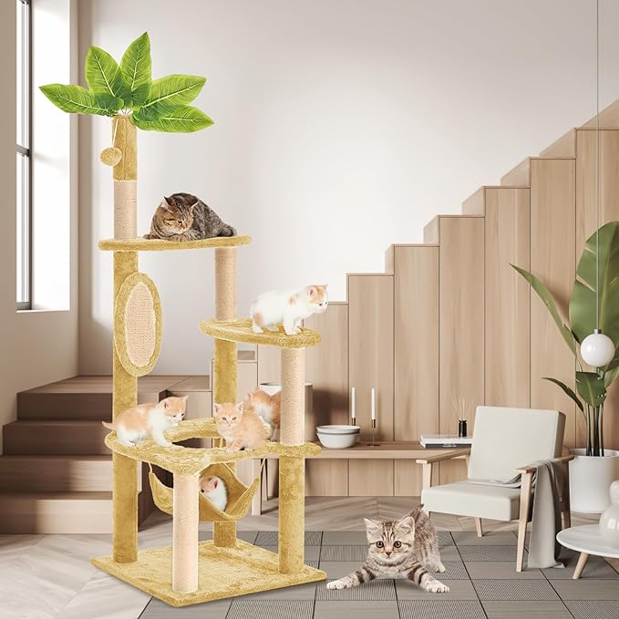 55" Cat Tree for with Green Leaves, Multi-Level Large Cat Tower with Hammock, Plush Cat House with Hang Ball Toy and Sisal Scratching Posts Furniture, Beige
