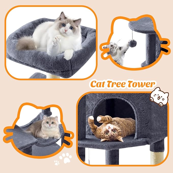 Sweetcrispy 44 inch Cat Tree Tower, Multi-Cat Climbing Tower with Condo, Natural Sisal Scratching Posts, Extended Platform, Hammock, Pet House for Indoor Cats and Kittens Play, Dark Grey