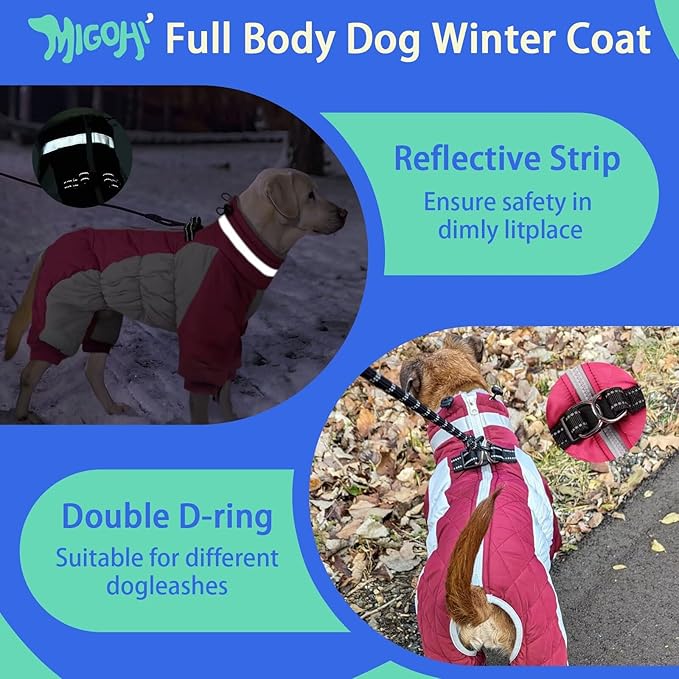 MIGOHI Full Body Dog Coat - Warm Reflective Winter Coat with Harness, Turtleneck Fleece Jacket for Small to Large Dogs - Four-Legged Snowsuit with Zipper