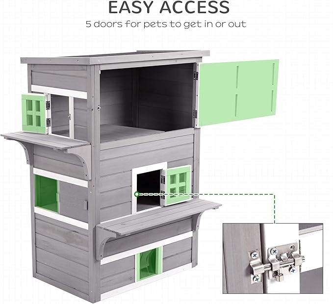PawHut 3-Story Cat House Feral Cat Shelter, Outdoor Kitten Condo with Raised Floor, Asphalt Roof, Escape Doors, Jumping Platforms, Gray