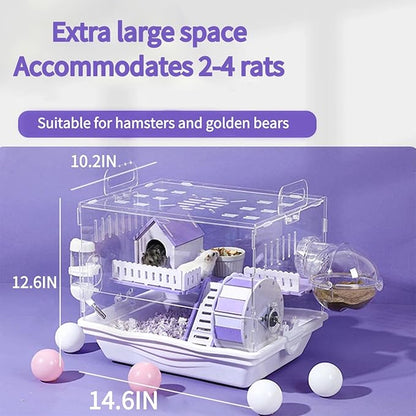 Large Acrylic Hamster Cage14.6x10.2x12.6in-Multi-Level Habitat for Dwarf/Syrian Hamsters-Mice (Ventilated Top-Removable Base) Expandable Small Animal Enclosure (Purple Hamster Cage, 14.6x10x12.6)