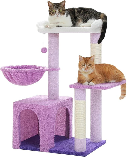 Cat Tree for Indoor Cats with Metal Frame Carpet Hammock, 32" Cute Cat Tower with Cozy Condo, Top Perch, Scratching Posts, and Replaceable Ball Toy, Pet Furniture for Small Cats & Kittens, Purple