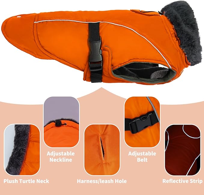 DENTRUN Large Dog Winter Coat - Windproof Reflective Warm Coat, Adjustable Neck & Snap Closure, Water Repellent Thick Fleece Vest, Fleece Lined for for Golden Retriever, Orange, XL