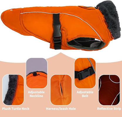 DENTRUN Large Dog Winter Coat - Windproof Reflective Warm Coat, Adjustable Neck & Snap Closure, Water Repellent Thick Fleece Vest, Fleece Lined for for Golden Retriever, Orange, XL