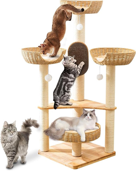 Large Cat Tree Wood - Modern Multi-Cat Tower with Scratching Posts & Handwoven Condo | Sturdy Cat Furniture for Indoor Cats, Modern Cat House Supplies