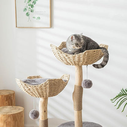 Modern Cat Tree for Indoor Cats Large Adult, 46" Tall Wooden Cat Tower for Large Cats with Scratching Post, Luxury Cat Condo, Grey