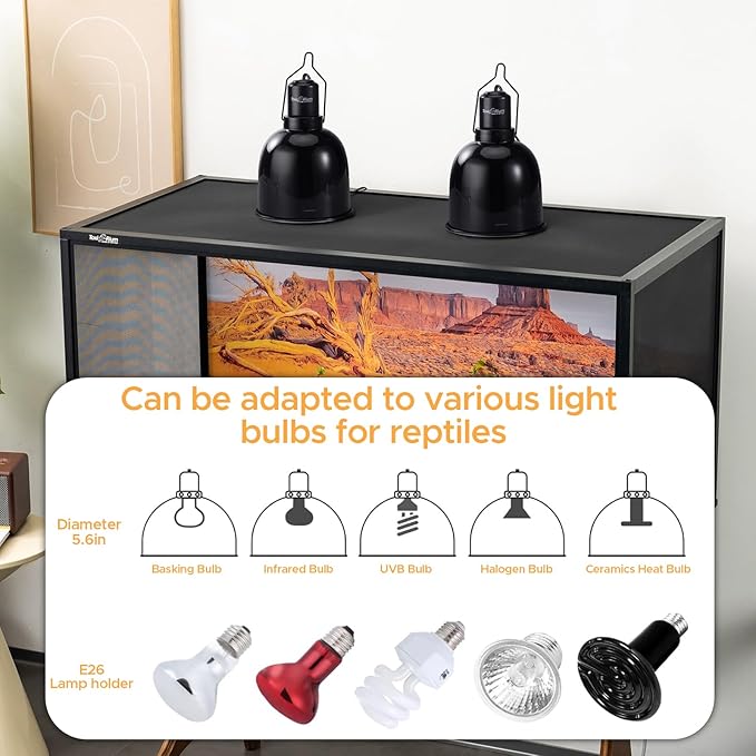 Reptile Light Fixture, 2-Pack 5.5-Inch Deep Dome Lamp Caps with Optical Reflection Cover, Heat-Resistant Design for Reptile Enclosures, Terrariums, and Amphibian Habitats