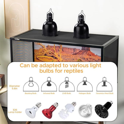 Reptile Light Fixture, 2-Pack 5.5-Inch Deep Dome Lamp Caps with Optical Reflection Cover, Heat-Resistant Design for Reptile Enclosures, Terrariums, and Amphibian Habitats