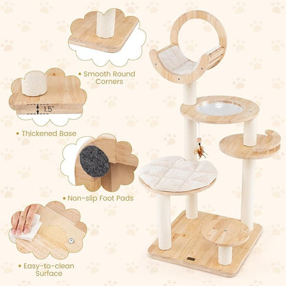 PETSITE 57 Inches Tall Wooden Cat Tree, Multi-Level Cat Tower with Scratching Posts, Space Capsule Bed, Padded Platform and Hanging Ball, Modern Transformable Cat Tree Tower for Indoor Cats Large