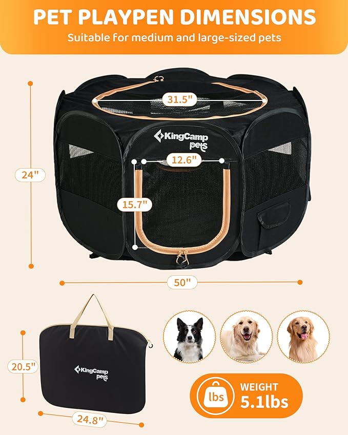 KingCamp Dog Playpen, Portable Foldable Cat Kitten Puppy Tent Crates 29"/36"/50" Pop Up Pet Playpen with Zippered Bottom & Cover for Indoor Outdoor Use (X-Large, Black)