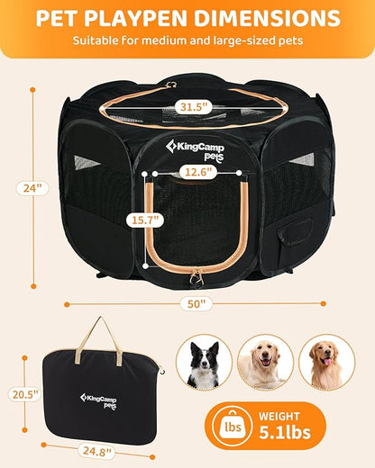 KingCamp Dog Playpen, Portable Foldable Cat Kitten Puppy Tent Crates 29"/36"/50" Pop Up Pet Playpen with Zippered Bottom & Cover for Indoor Outdoor Use (X-Large, Black)