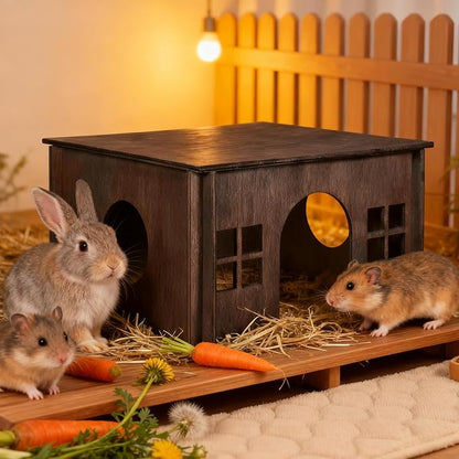 Wooden Guinea Pig Hideout, Guinea Pig House Small Rabbit Hideout with Multiple Windows, Small Animal House Bunny House Hideaway Castle Habitat for Guinea Pigs, Hamster, Chinchilla