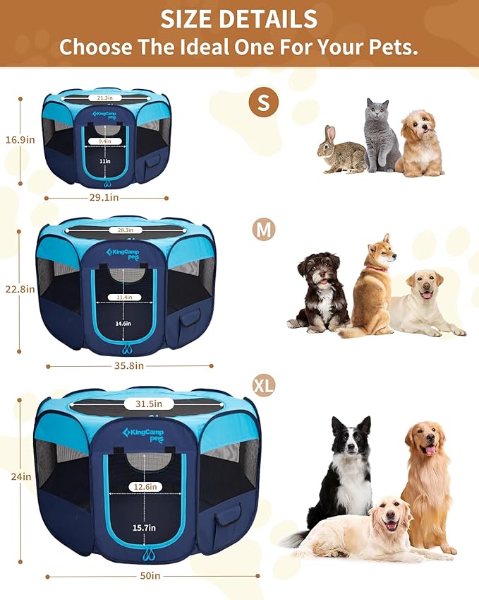 KingCamp Dog Playpen, Portable Foldable Cat Kitten Puppy Tent Crates 29"/36"/50" Pop Up Pet Playpen with Zippered Bottom & Cover for Indoor Outdoor Use (Small, Blue)